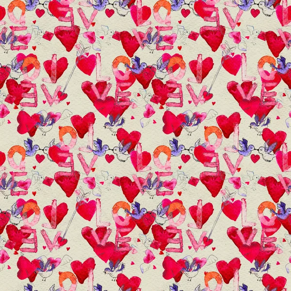 Šťastného Valentýna. Bezešvé vzor s červenou akvarel srdce a ptáci. — Stock fotografie
