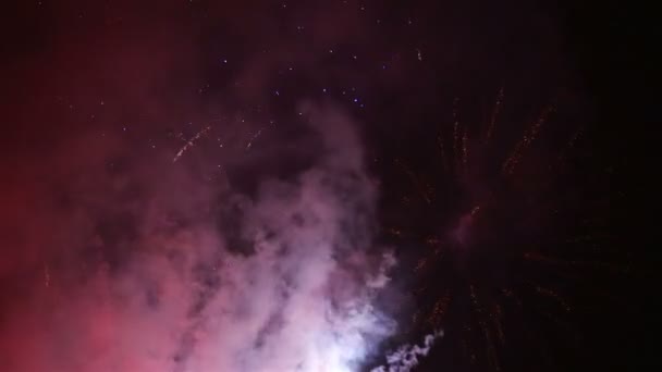 Explosivos y coloridos fuegos artificiales navideños en el cielo nocturno . — Vídeos de Stock