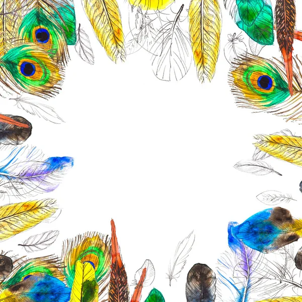 白い背景にカラフルな羽を持つ水彩画のフレーム — ストック写真