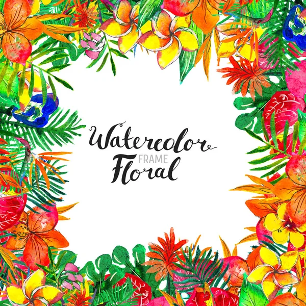 Watercolor Background with tropical plants and flowers