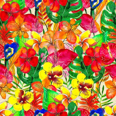 Tropik çiçeklerle kusursuz desen. Suluboya Arkaplanı