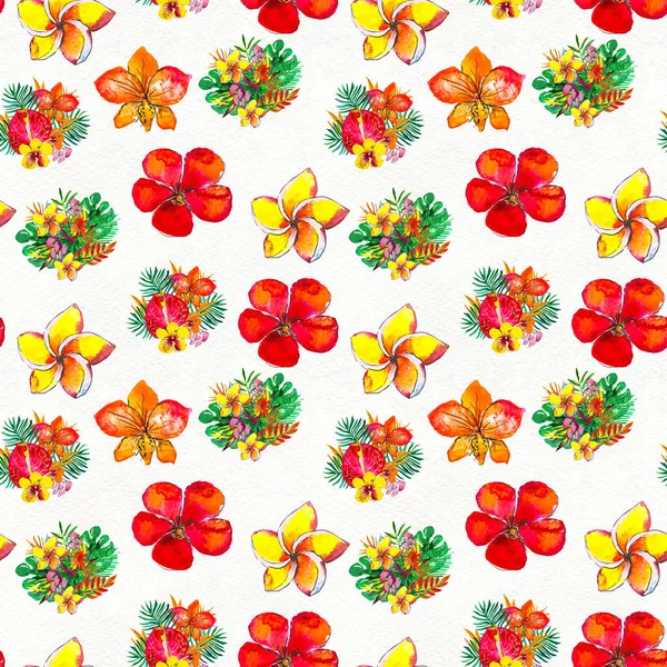 Płynny wzór z tropikalnymi kwiatami. Akwarela w tle — Zdjęcie stockowe