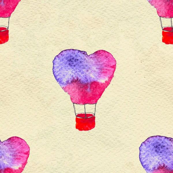 Sem costura com base em uma ilustração aquarela. Balão na forma de coração voando no céu. — Fotografia de Stock