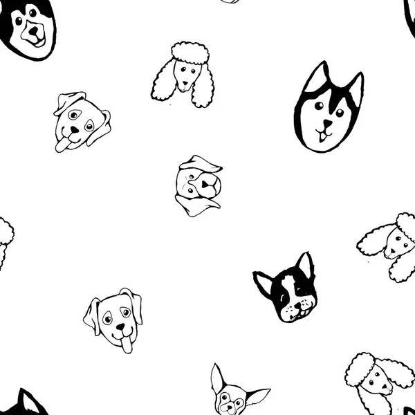 Бесшовный рисунок с породами собак. Бульдог, Хаски, Аляскинский маламут, ретривер, Доберман, Пудель, Мопс, Шар Пей, Далматин — стоковый вектор