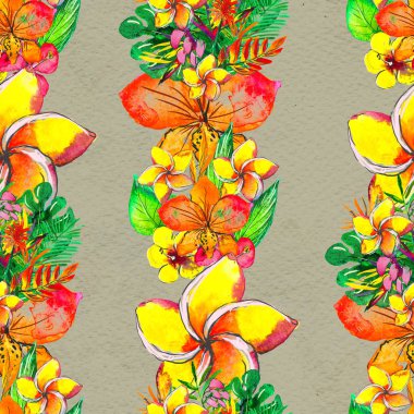Tropik çiçeklerle kusursuz desen. Suluboya Arkaplanı