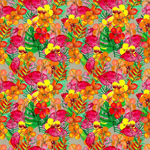 热带花的无缝图案。水彩画背景 — 图库照片