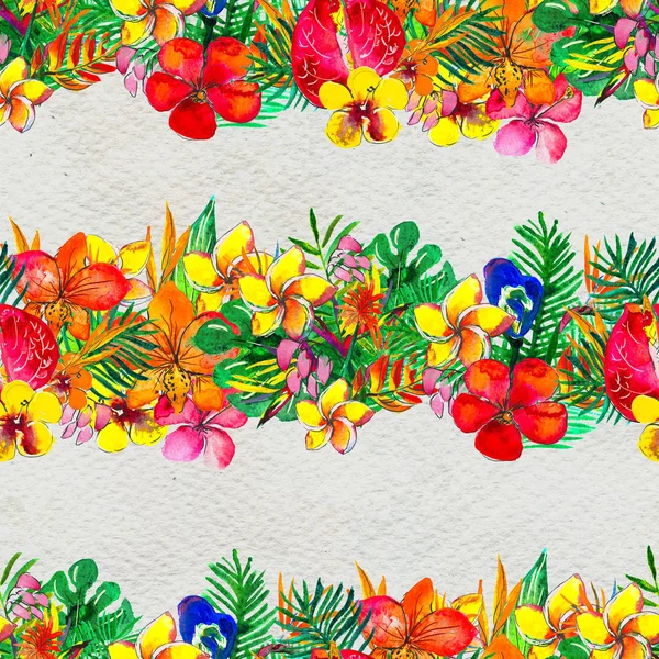 Tropik çiçeklerle kusursuz desen. Suluboya Arkaplanı — Stok fotoğraf