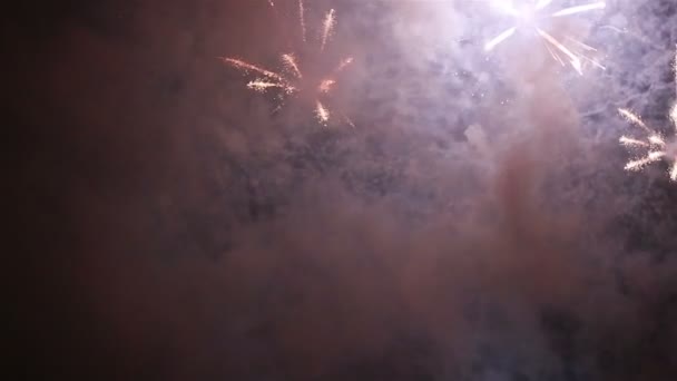 Explosivos y coloridos fuegos artificiales navideños en el cielo nocturno . — Vídeos de Stock