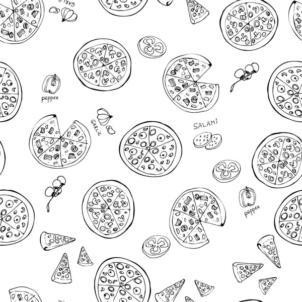 Patrón sin costuras con rebanadas de pizza dibujadas a mano . — Vector de stock