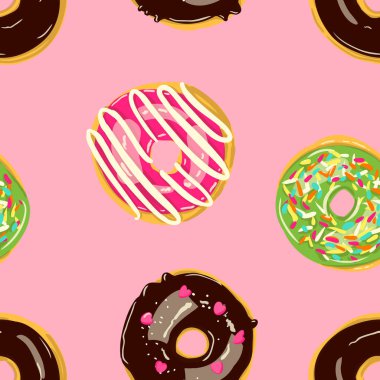 Sırlı Donuts Dikişsiz desen. Fırın vektör Illustration. Üst görünüm çörekler ile sır