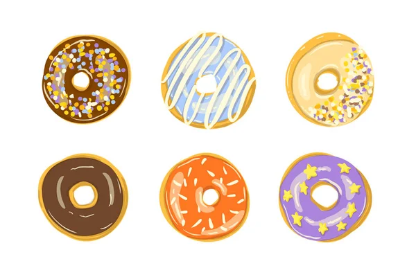 Набор из шести цветных пончиков изолирован. Векторная иллюстрация — стоковый вектор
