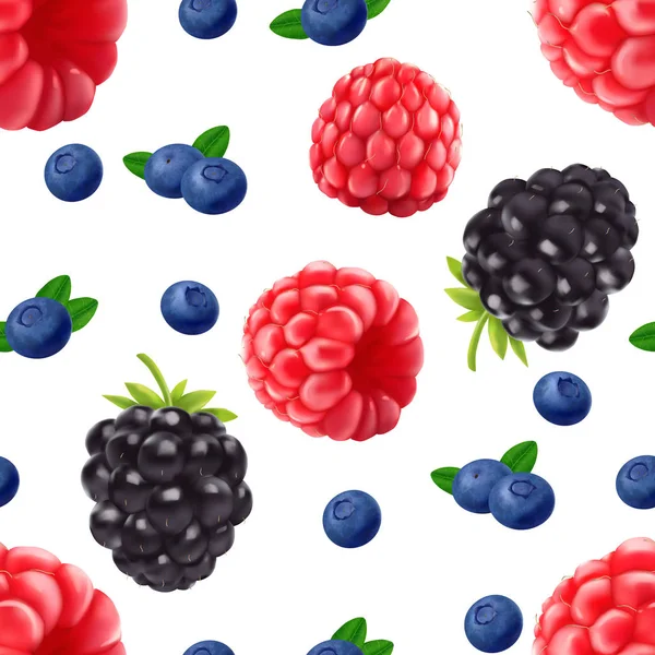 Modèle sans couture réaliste Blackberry myrtille et framboise . — Image vectorielle