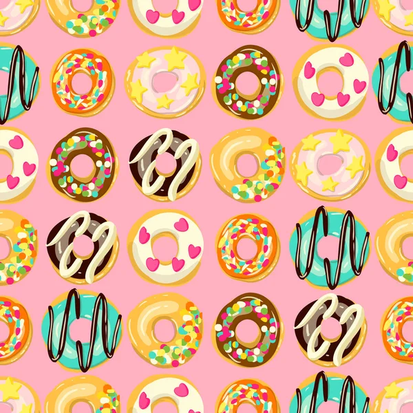 Esmaltado Donuts patrón sin costura. Panadería ilustración vectorial. Donuts Top View — Archivo Imágenes Vectoriales