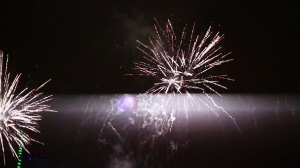 Explosivos y coloridos fuegos artificiales navideños en el cielo nocturno . — Vídeos de Stock