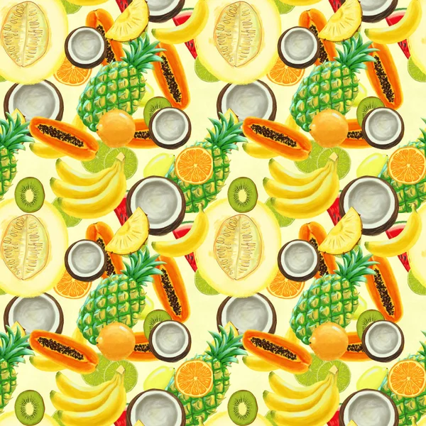 Modèle dessiné à la main avec bananes, noix de coco, ananas. Fond d'été sans couture. — Photo