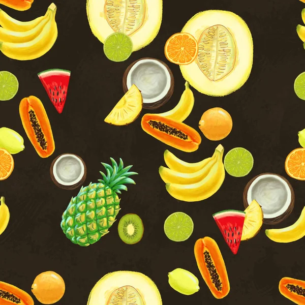 Patrón sin costura dibujado a mano con plátanos, cocos, piñas papaya y sandía. — Foto de Stock