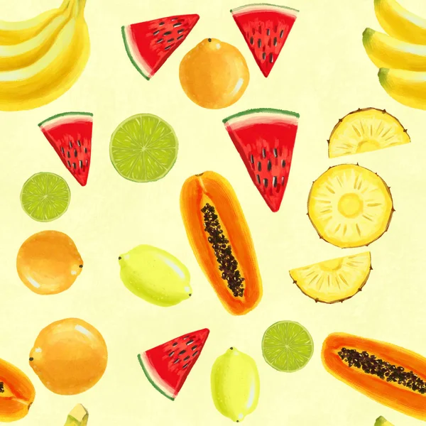 バナナ、オレンジ、パイナップルパパイヤ、スイカで手描きのシームレスなパターン — ストック写真