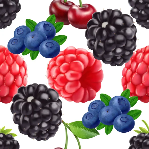 Blackberry arándano cereza y frambuesa patrón sin costuras. 3d realista vector bayas . — Archivo Imágenes Vectoriales
