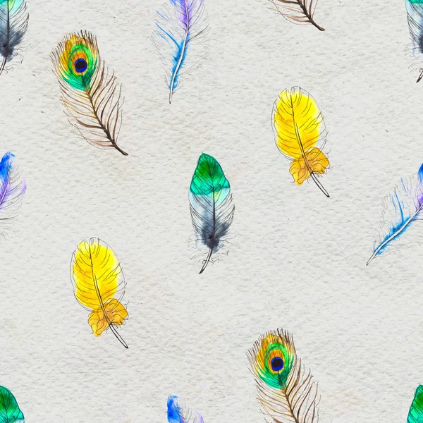 Watercolor feathers seamless pattern. Hand painted texture — Stock Photo, Image