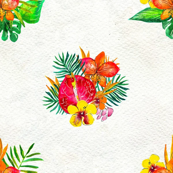 Sömlöst mönster med tropiska blommor. Akvarell bakgrund — Stockfoto