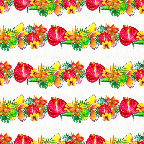 Seamless pattern With Tropical Flowers. Watercolor Background