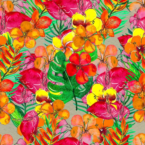 Seamless pattern With Tropical Flowers. Watercolor Background