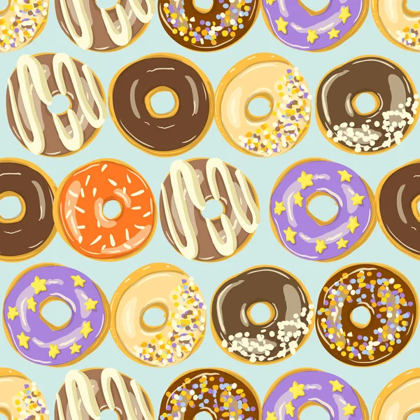 Глазированные пончики бесшовный шаблон. Пекарня Векторная иллюстрация. Пончики Top View — стоковый вектор