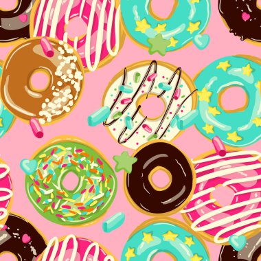 Sırlı Donuts Dikişsiz desen. Fırın vektör Illustration. Üst görünüm donut