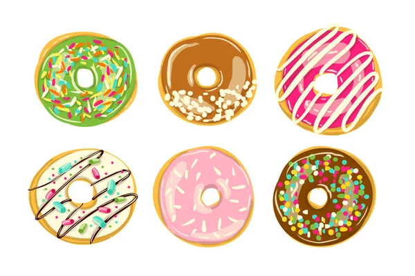 Set van zes geglazuurde donuts geïsoleerd. Bakkerij vector — Stockvector