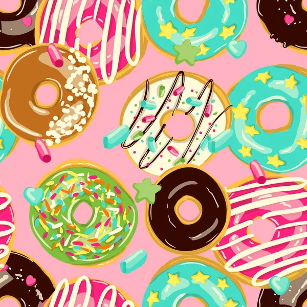 Esmaltado Donuts patrón sin costura. Panadería ilustración vectorial. Donuts Top View — Archivo Imágenes Vectoriales