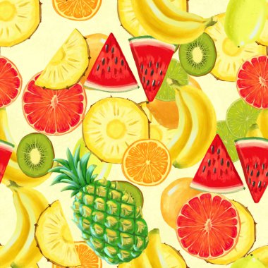 Muz, hindistan cevizi, ananas, papaya ve karpuzlu el çizimi desenler..