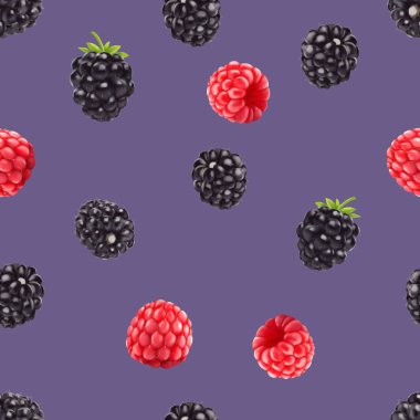 Böğürtlen ve ahududu dikişsiz desen. 3d gerçekçi vektör meyveleri.