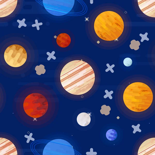 Ruimte afdrukken. Naadloze vector patroon. Verschillende gekleurde planeten van het zonnestelsel en de sterren. — Stockvector