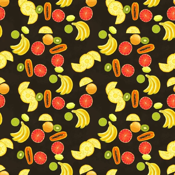 手绘无缝图案与香蕉，石灰，柠檬，菠萝片木瓜和葡萄柚. — 图库照片