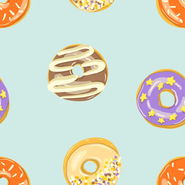 Glaserade Donuts sömlösa mönster. Bakery Vector illustration. Översta vyn munkar — Stock vektor