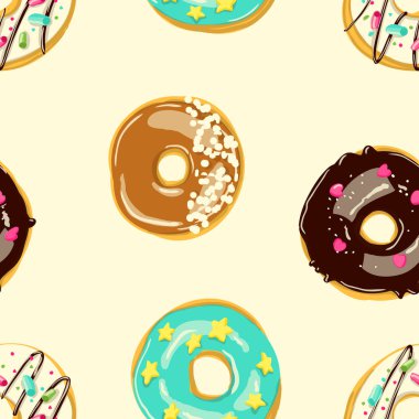 Sırlı Donuts Dikişsiz desen. Fırın vektör Illustration. Üst görünüm çörekler ile sır