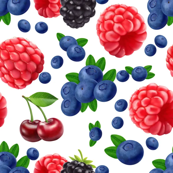 Brombeere Blaubeere Kirsche und Himbeere nahtlose Muster. 3D realistische Vektorbeeren. — Stockvektor