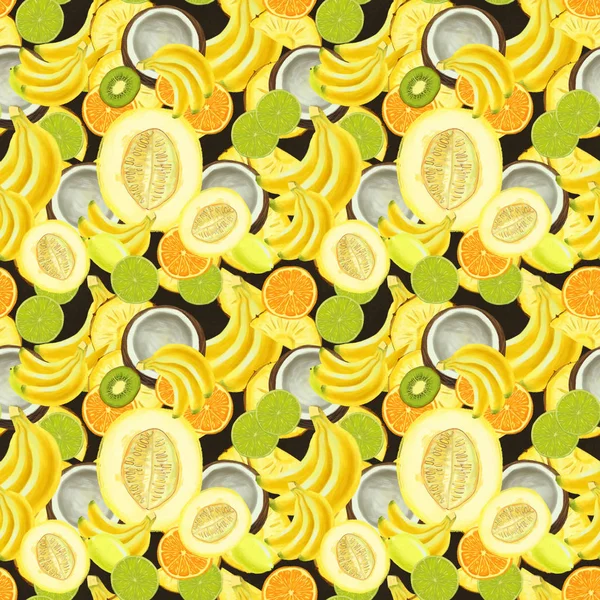 Handgezeichnetes nahtloses Muster mit Bananen, Kokosnüssen, Ananas und Melone. — Stockfoto
