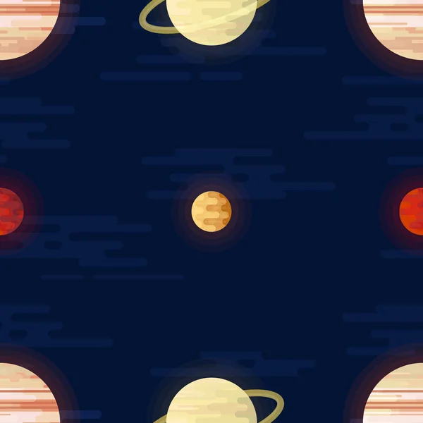 Ruimte afdrukken. Naadloze vector patroon. Verschillende gekleurde planeten van het zonnestelsel en de sterren. — Stockvector