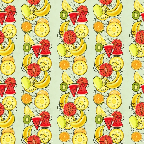 Patrón dibujado a mano con plátanos, cocos, piñas. Fondo de verano sin costuras. —  Fotos de Stock