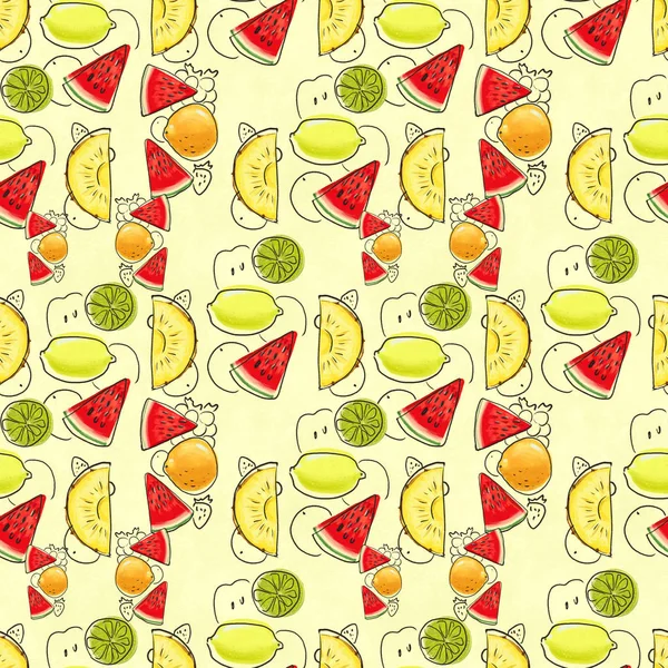 Patrón sin costura dibujado a mano con plátanos, lima, limón y sandía. — Foto de Stock