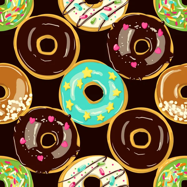 Padrão sem costura Donuts vitrificados. Ilustração vetorial. Top View donuts — Vetor de Stock