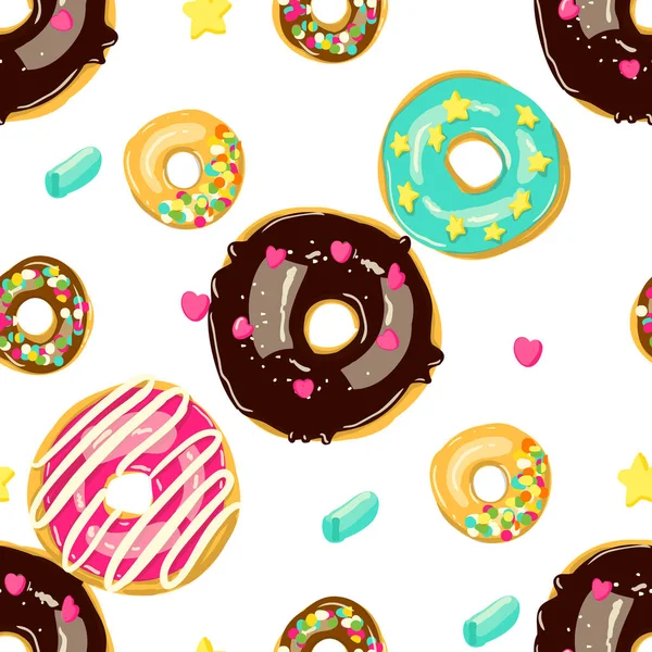 Esmaltado Donuts patrón sin costura. Ilustración vectorial . — Archivo Imágenes Vectoriales