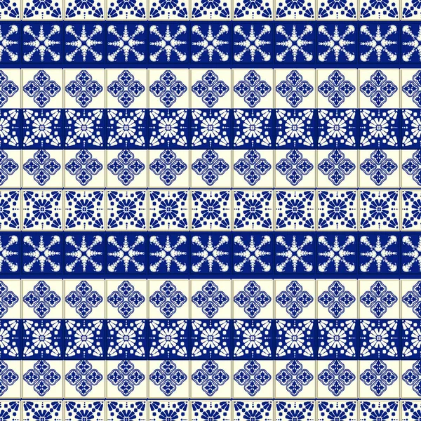 Motif de tuiles vectorielles, mosaïque florale de Lisbonne, ornement bleu marine sans couture méditerranéen — Image vectorielle