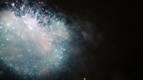 Explosivos y coloridos fuegos artificiales navideños en el cielo nocturno . — Vídeos de Stock