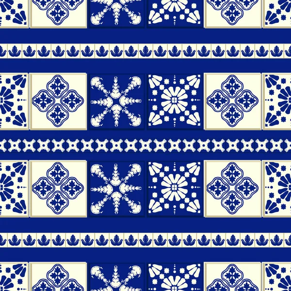 Modello di piastrelle vettoriali, Lisbona mosaico floreale, Mediterraneo senza cuciture blu navy ornamento — Vettoriale Stock