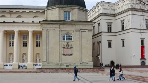 Vilnius, Litvanya - 11 Nisan 2019: Çan Kulesi ile Katedral Meydanı — Stok video