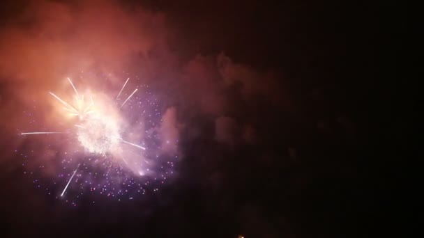 Explosivos y coloridos fuegos artificiales navideños en el cielo nocturno . — Vídeos de Stock