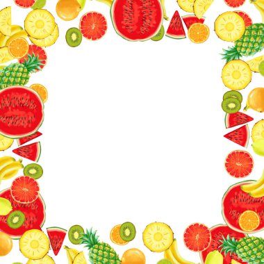 El çizimi egzotik meyve çerçevesi beyaz arkaplanda izole