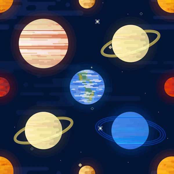 Empreinte spatiale. Modèle vectoriel sans couture. Différentes planètes colorées du système solaire et des étoiles . — Image vectorielle